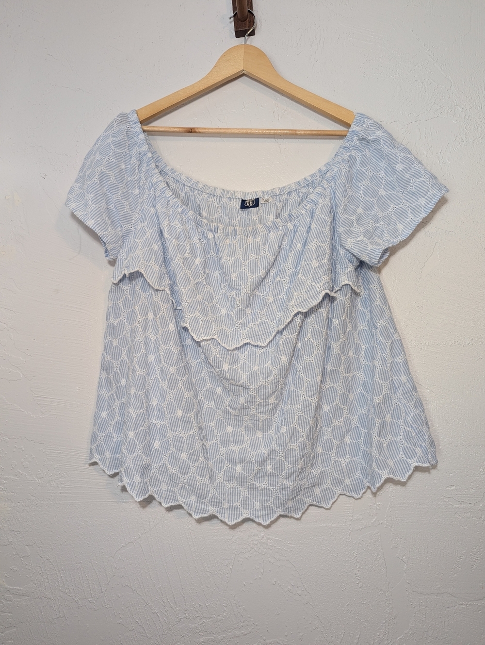 Blue Eyelet Off-Shoulder Cotton Peasant Top Dainty Cottage Soft Summer Coastal